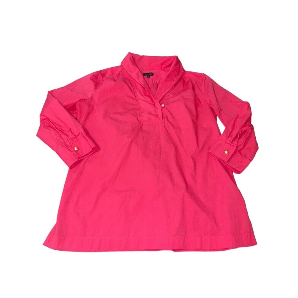 TALBOTS Women's Size 2 Bright Pink Shawl Collar Cotton Blend Splitneck Top